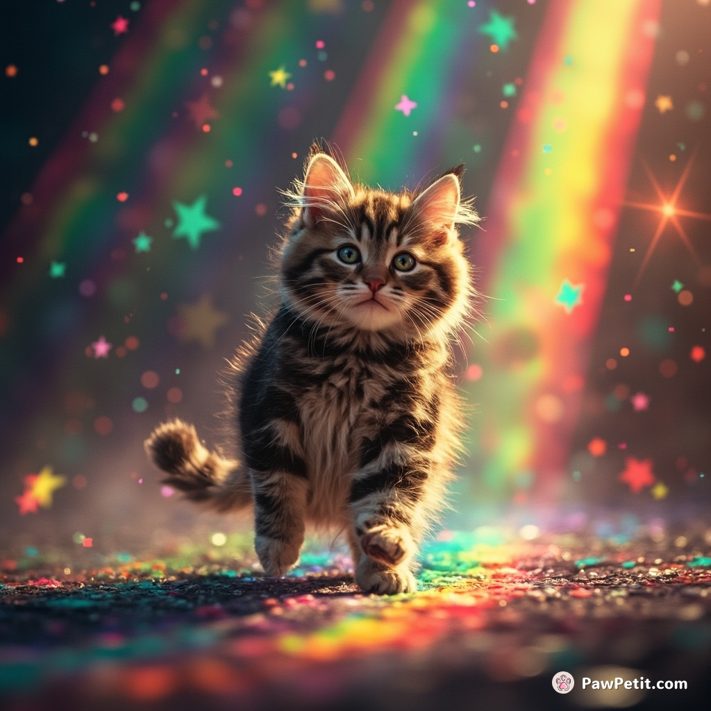 The cat dances through pixelated rainbows, leaving trails of stardust in its wake.