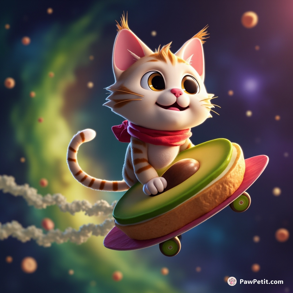 A cat surfing on a piece of avocado toast amidst a galaxy swirl.