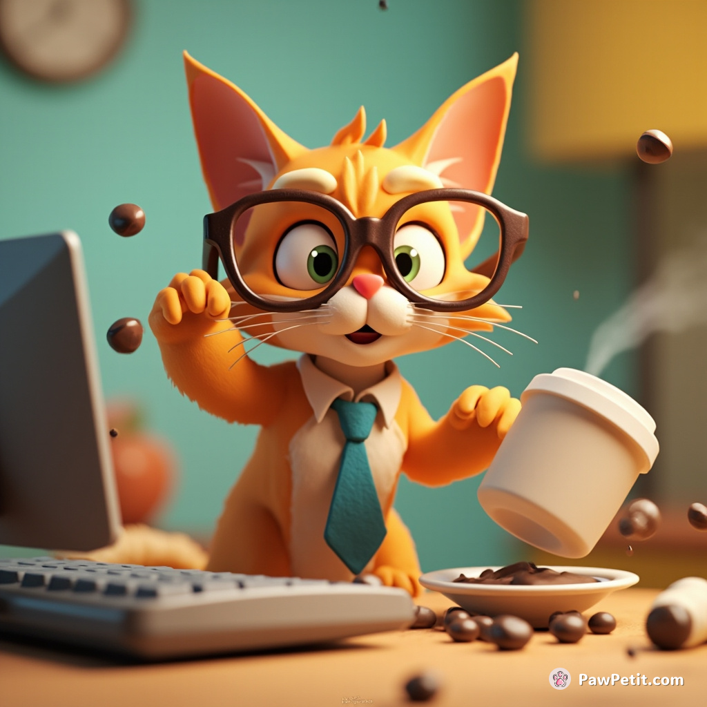 Whiskers, the cat, dons glasses and a tie, then attempts to "work" by batting at a keyboard and knocking over a cup of coffee.