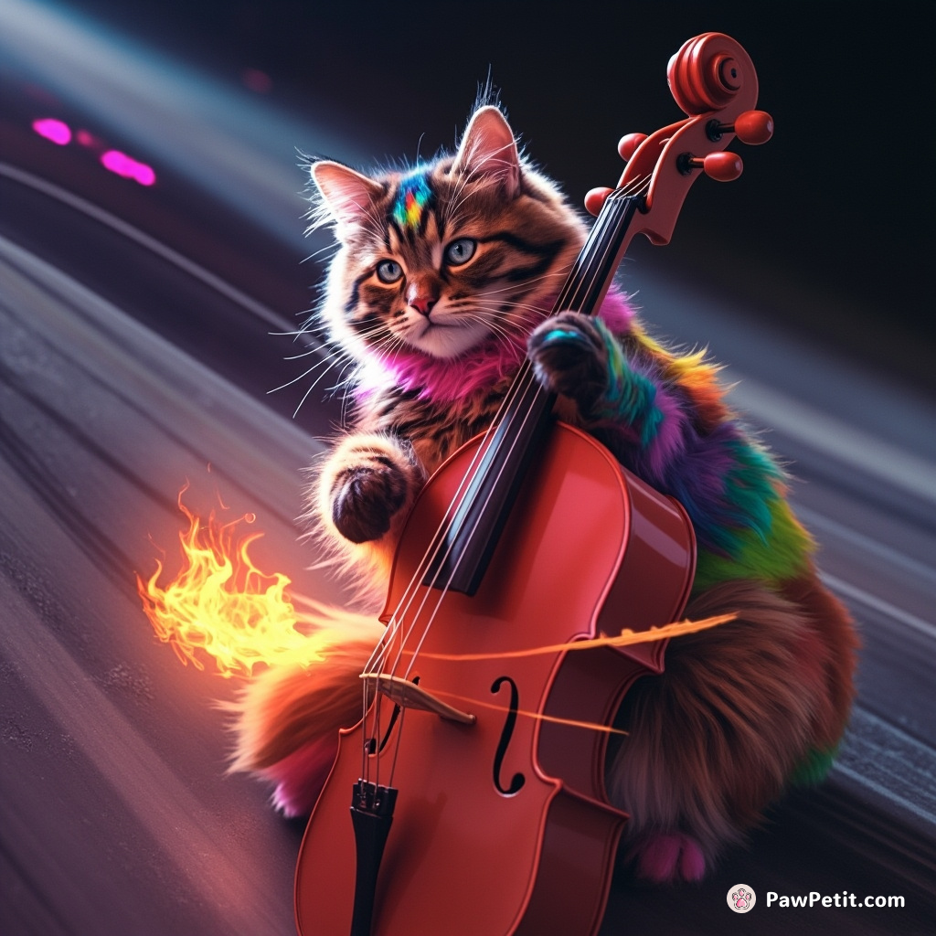 Cat with neon rainbow fur playing a flaming cello on Saturn's rings.