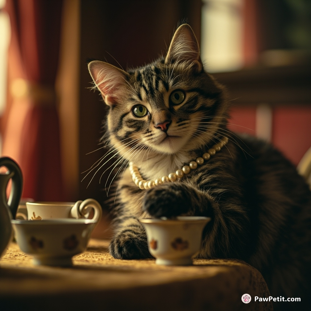 Catina perched at the dining table, wearing pearl necklace, engaging in tea rituals with immaculate paw dexterity.