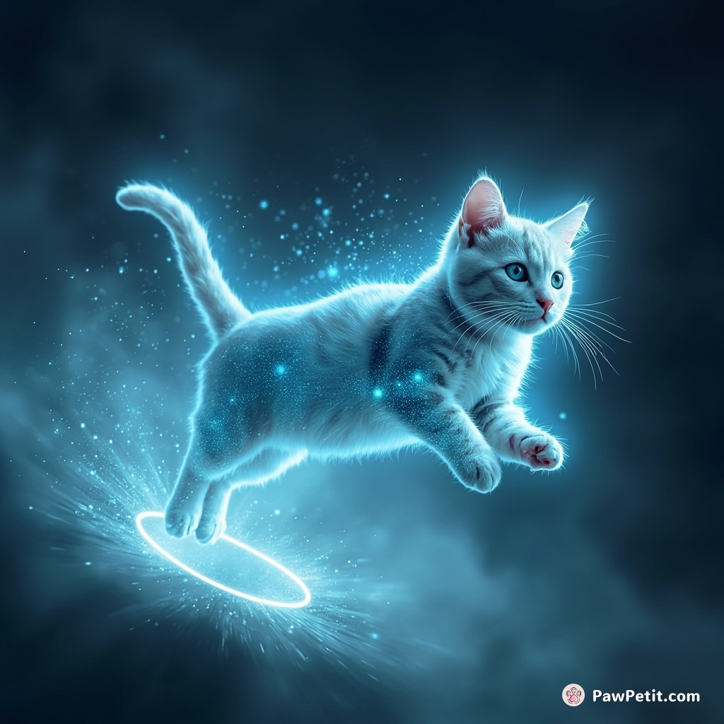 A holographic cat leaps through shimmering portals, weaving through binary storms in the virtual realm.
