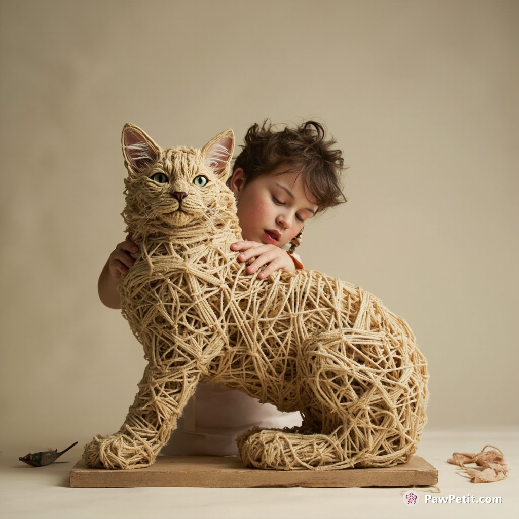 An eccentric lady cat sculpting a replica of the Sphinx in Rome's Colosseum using only yarn balls and fish skeletons.