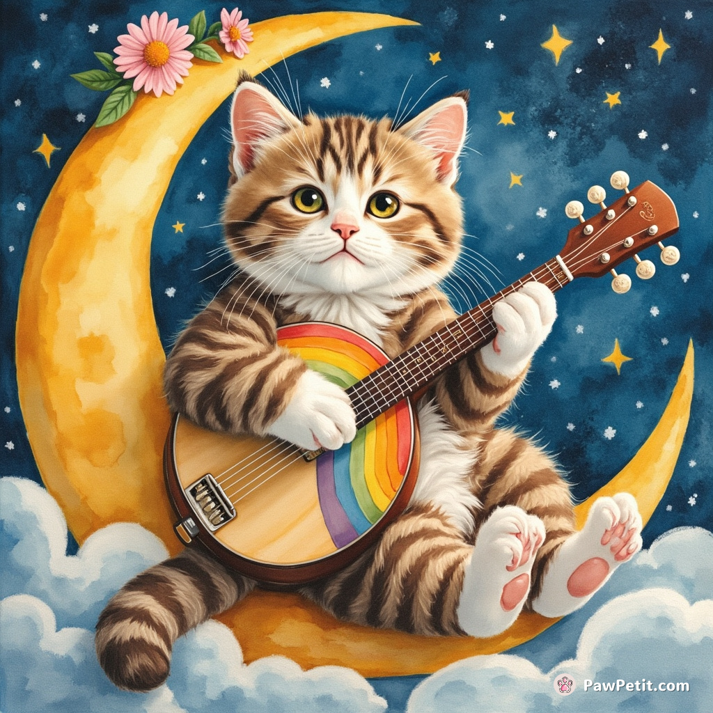 Cat strumming a rainbow banjo on the moon with Martian flowers in its fur.