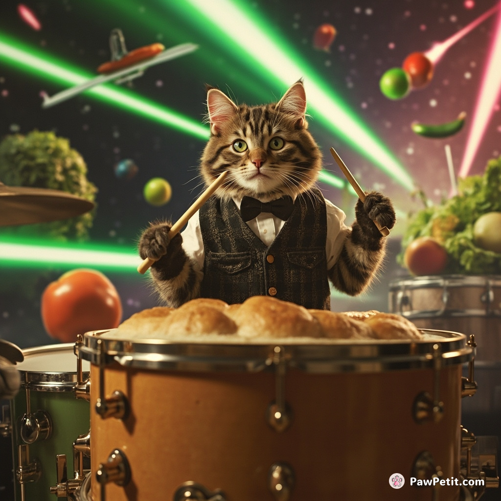 A tabby cat, donned with a tuxedo vest and drum sticks, playing a monstrous bread roll snare kit in the midst of intergalactic vegetable laser fight.