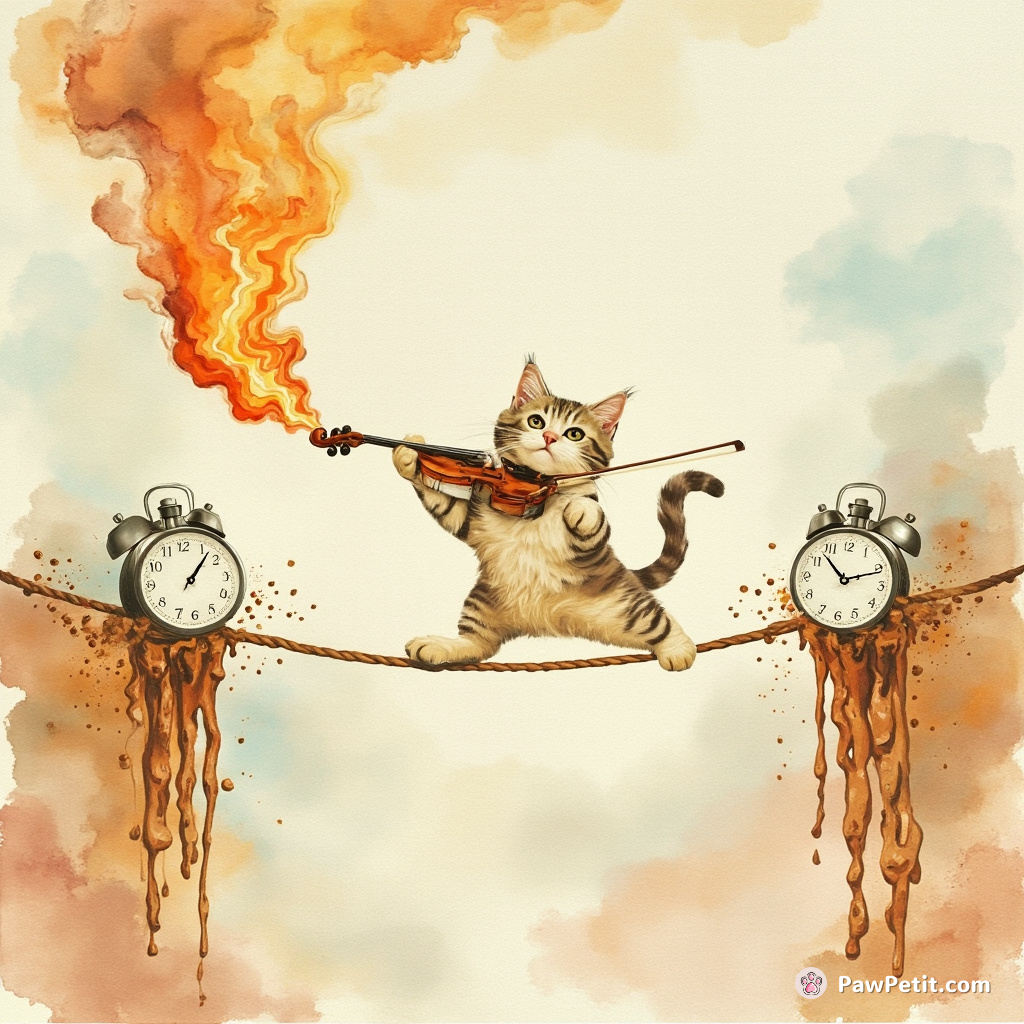 Cat effortlessly playing a flaming violin on a tightrope between two melting clocks in the style of Salvador Dalí.