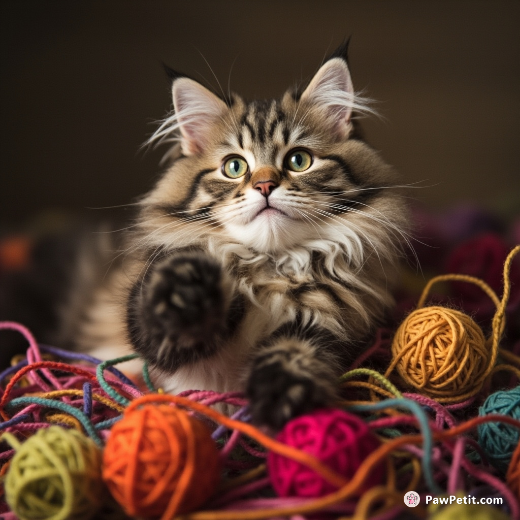 The cat bandies balls of yarn around, believing humans exist solely to untangle its colorfully chaotic creations.