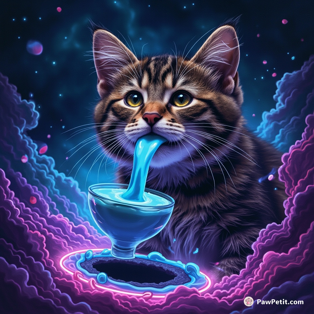 A plaid cat drinking neon blue milk from a galactic black hole disguised as a saucer.