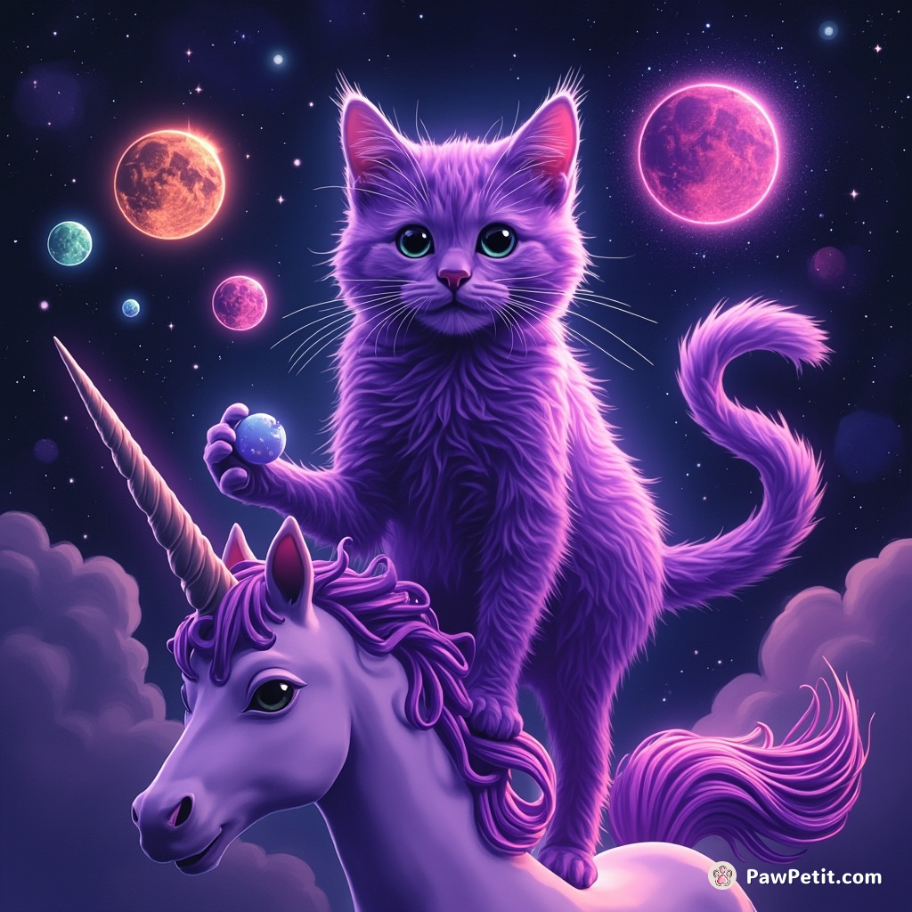 A neon purple cat juggling miniature galaxies while balancing on a unicorn's horn in zero gravity.