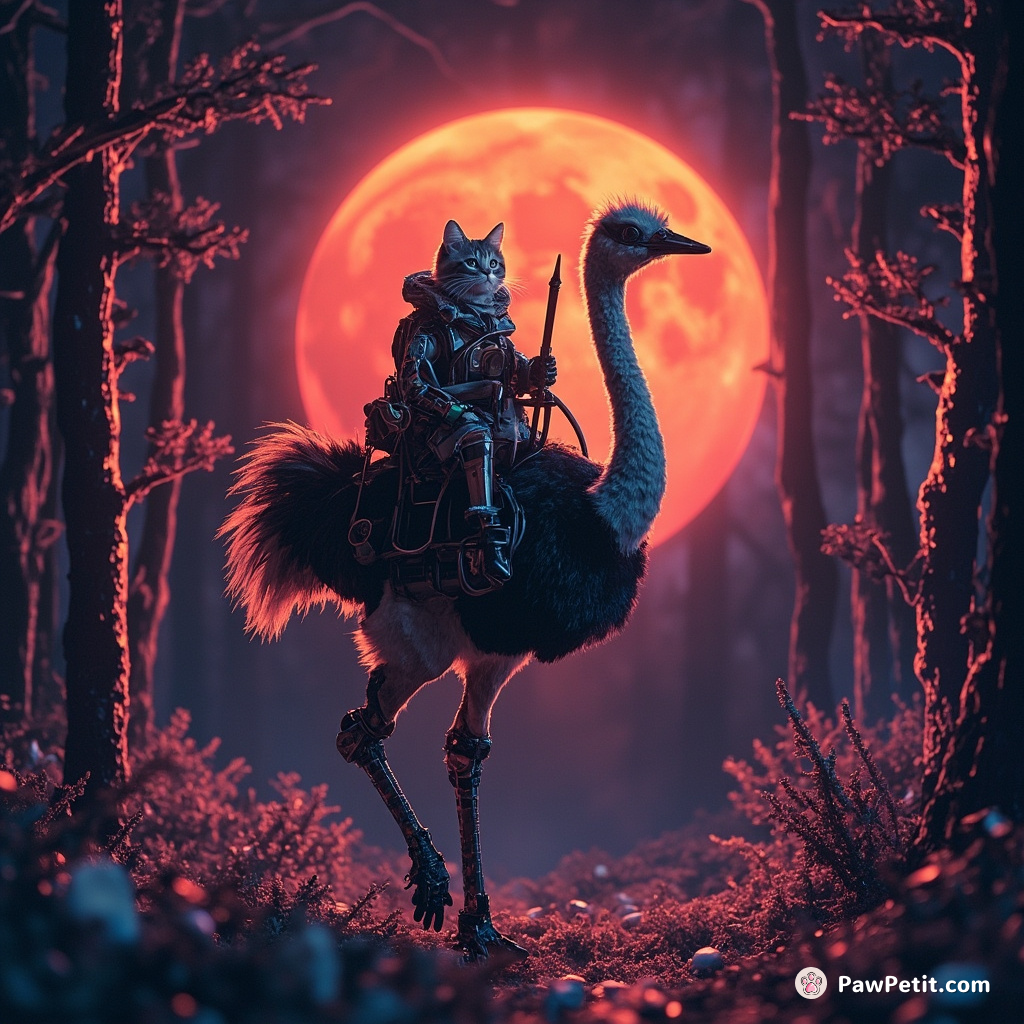 A steam-punk cat riding a robotic ostrich under an over-sized blood orange moon in a crystal-lit forest.