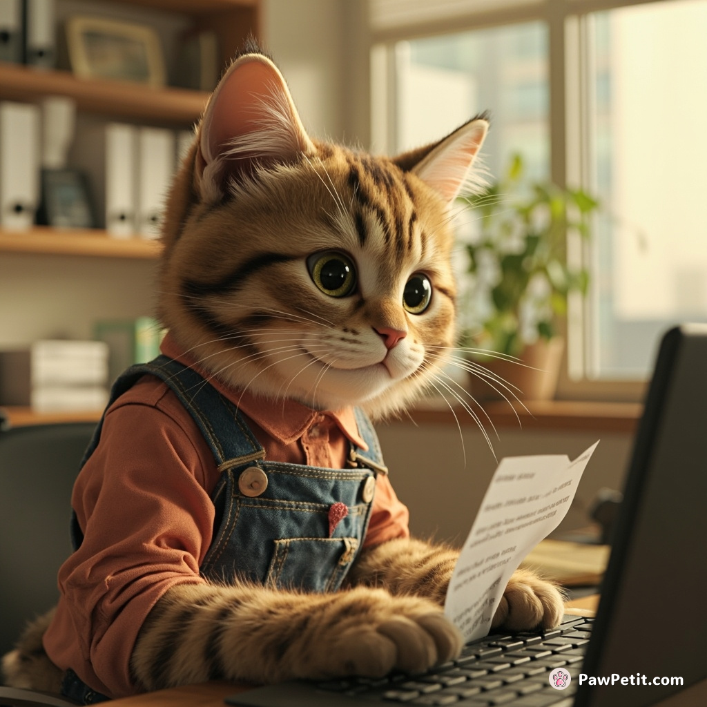 Cat in overalls 'typing' at office, accidentally sending "furrlogib3dndu28bscc" memo company-wide.