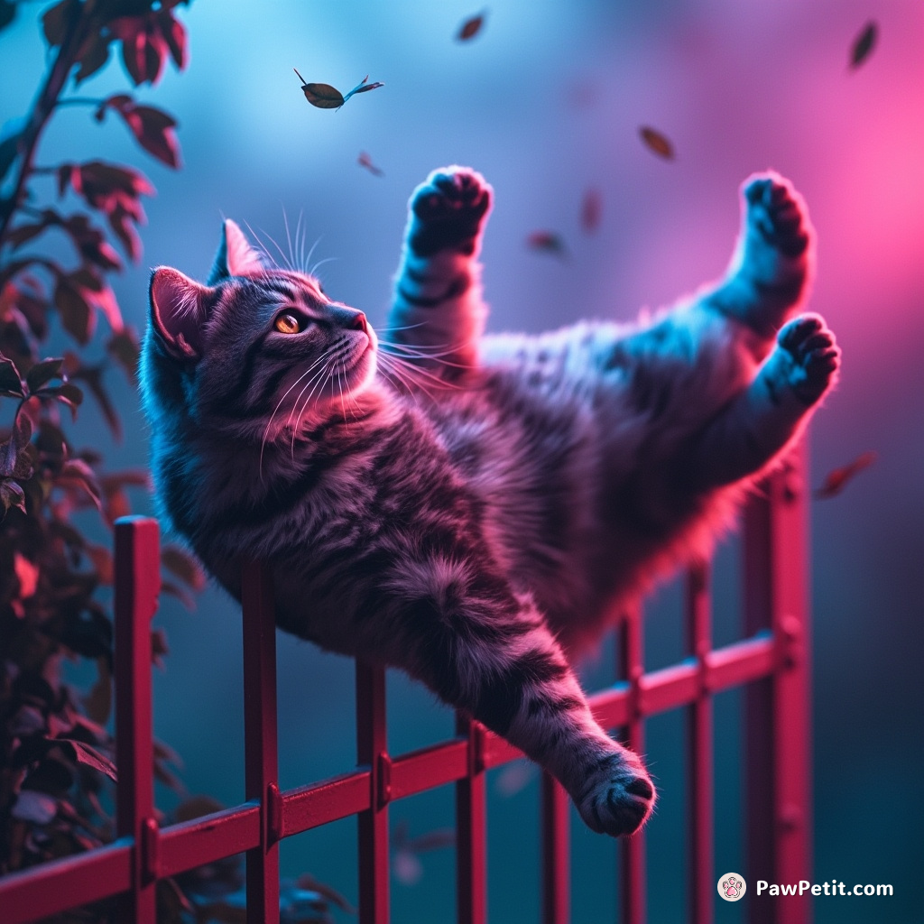 A cat precariously balances on a fence, mimicking human lounging, while swatting at fluttering leaves in the breeze.