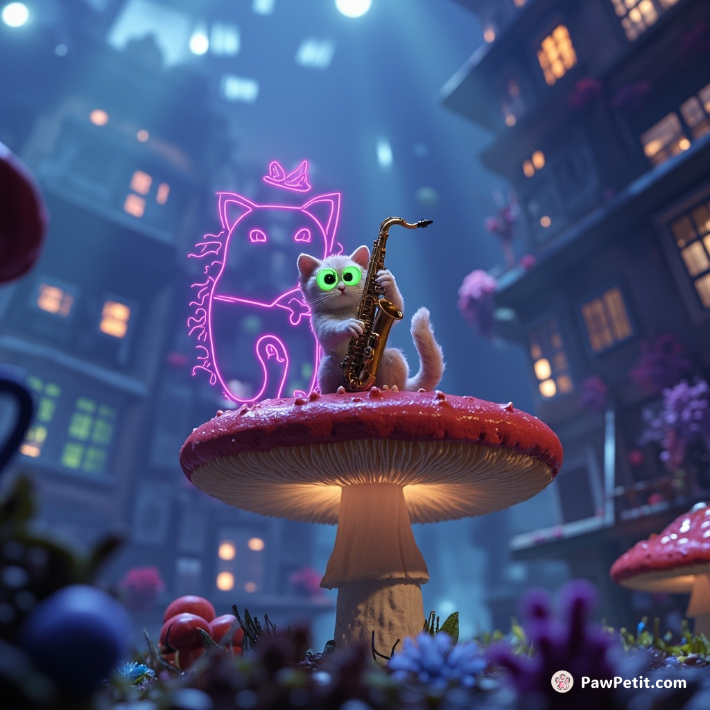 Neon-lit cat playing invisible jazz saxophone on a colossal mushroom in an underwater city.