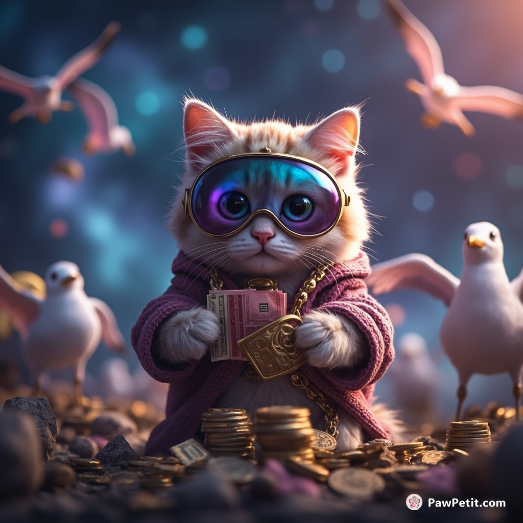 A cosmic cat exchanging intergalactic currency with alien seagulls in a nebular market.