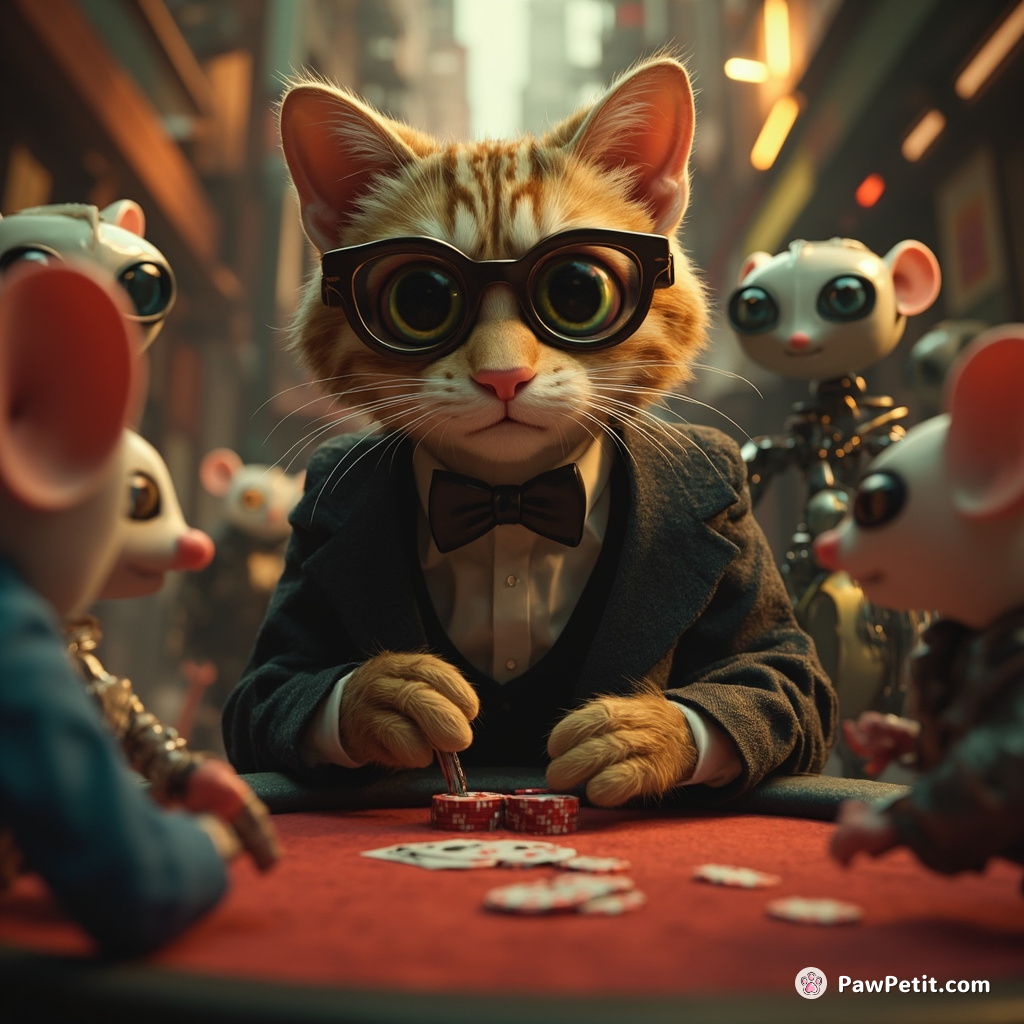A mobster cat playing poker in a crime-filled alley, surrounded by an audience of cybernetic mice.