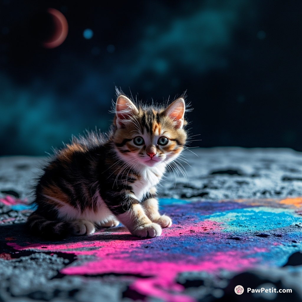 A calico kitten using neon spray paint to graffiti a multiverse map on the moon's surface.