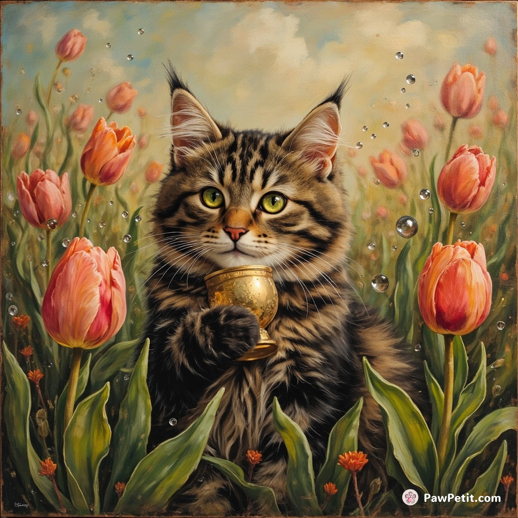 Smogg the cat sipped dewdrops, anchored to tulips; squawked as wind mischievously yanked away his wobbly chalice of hydration.