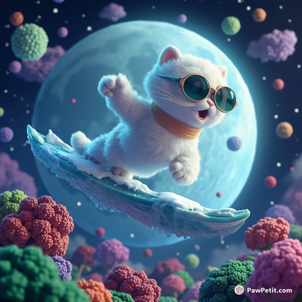 A polar cat ice-surfing on a multicolored moon over an enchanted broccoli forest.