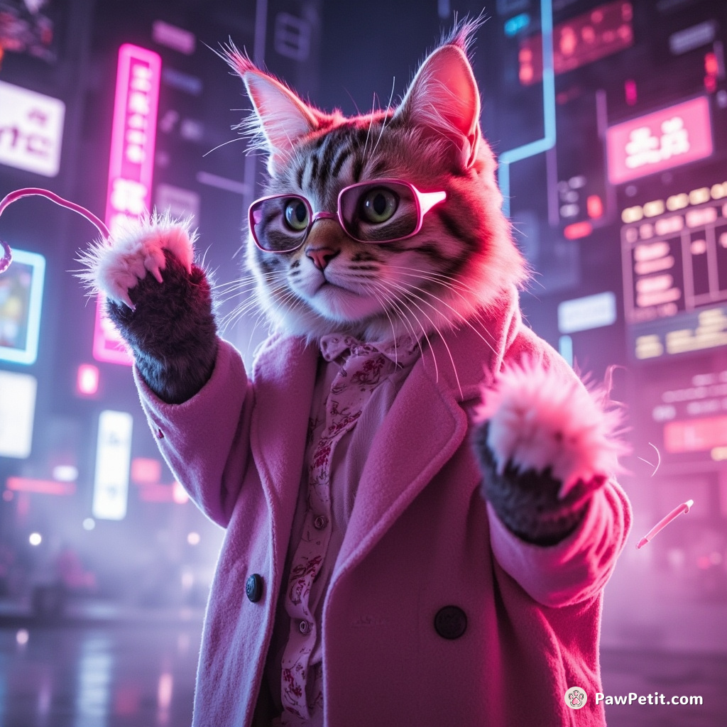 In a vibrant cyberspace, Electra-Paw, our virtual-reality cat, wields Techno-Whisker lashes erasing viruses in one heroic swish.