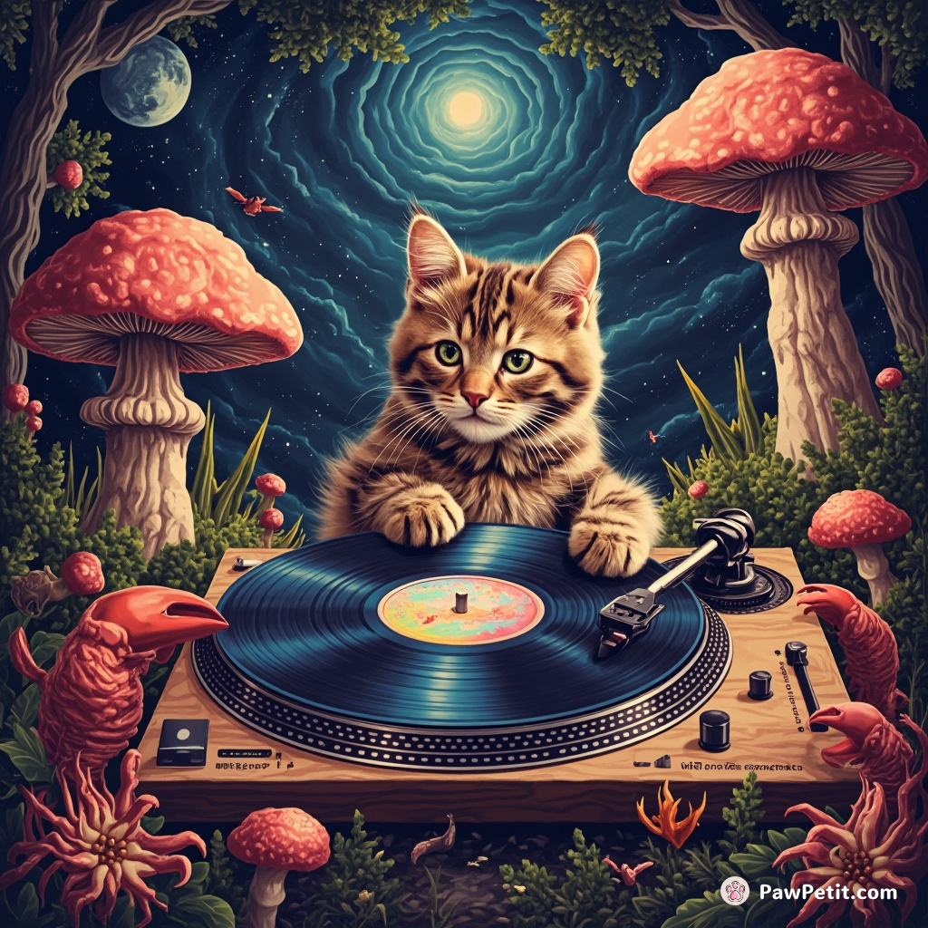 Cat spinning intergalactic vinyl records with lobster claw turntables in a pulsating mushroom forest.