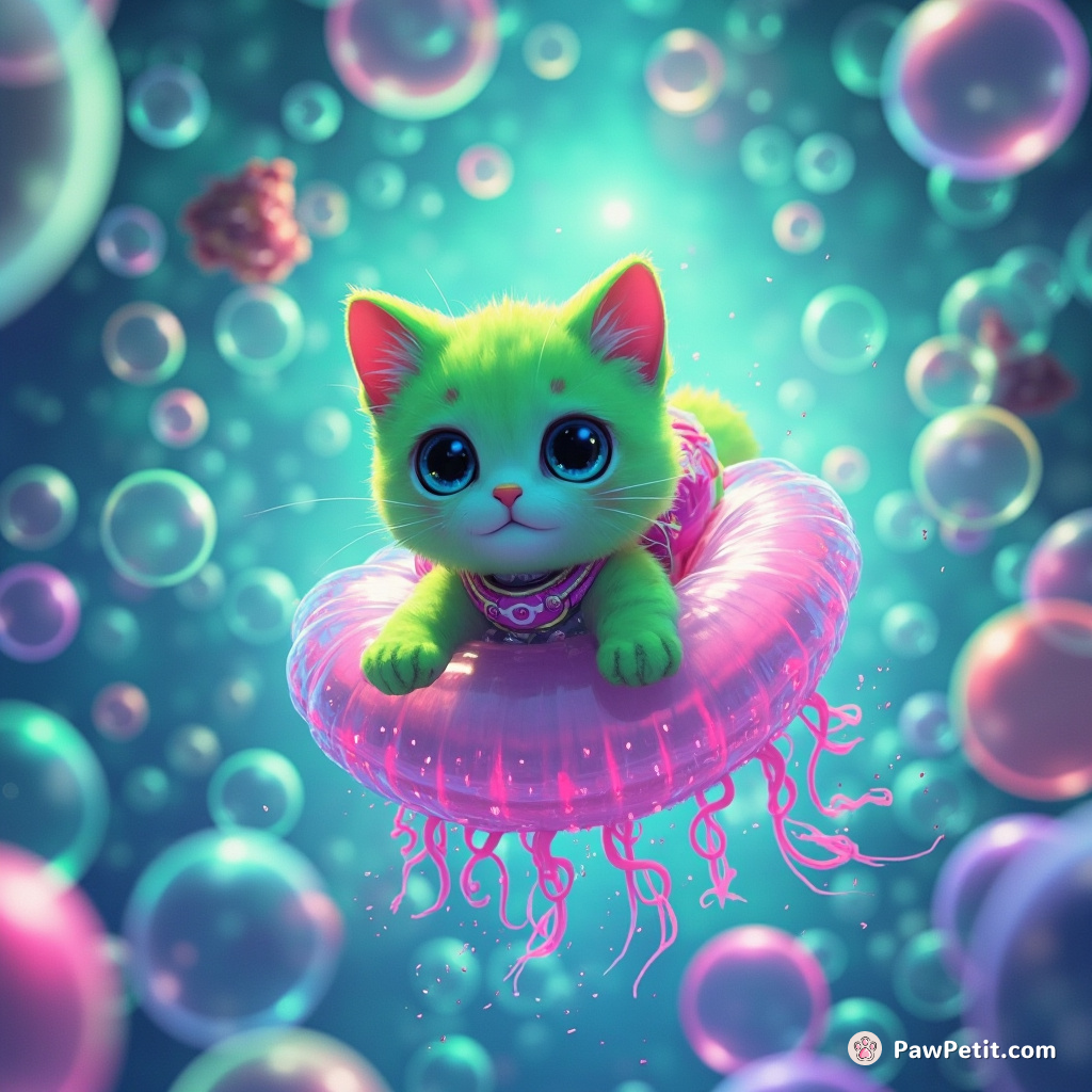 A neon-green cat riding a hovering jellyfish through a labyrinth of iridescent bubbles in zero gravity.