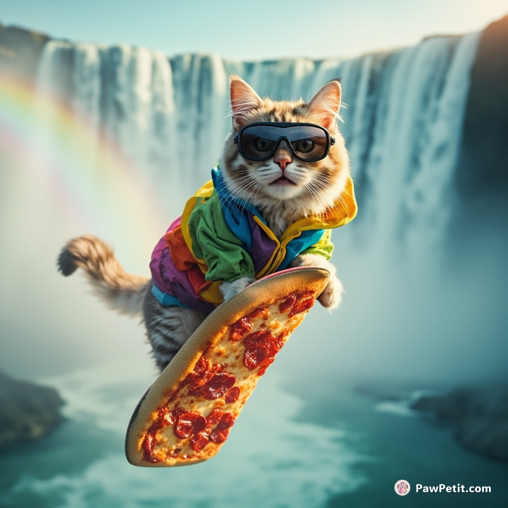 Rainbow cat snowboarding on a pizza slice down Niagara Falls.