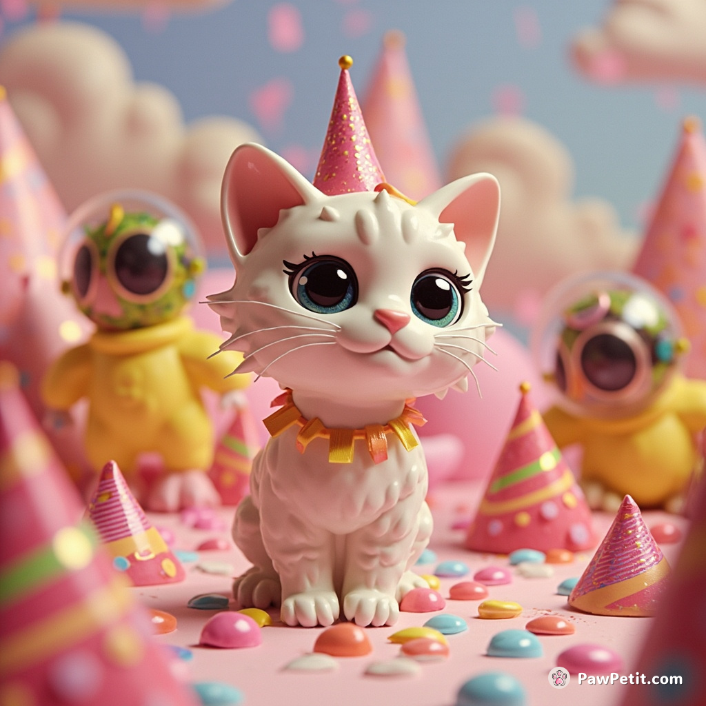 Cat god drizzle music notes on mini piñata party attended by parrot astronauts inside a soft marshmallow maze.