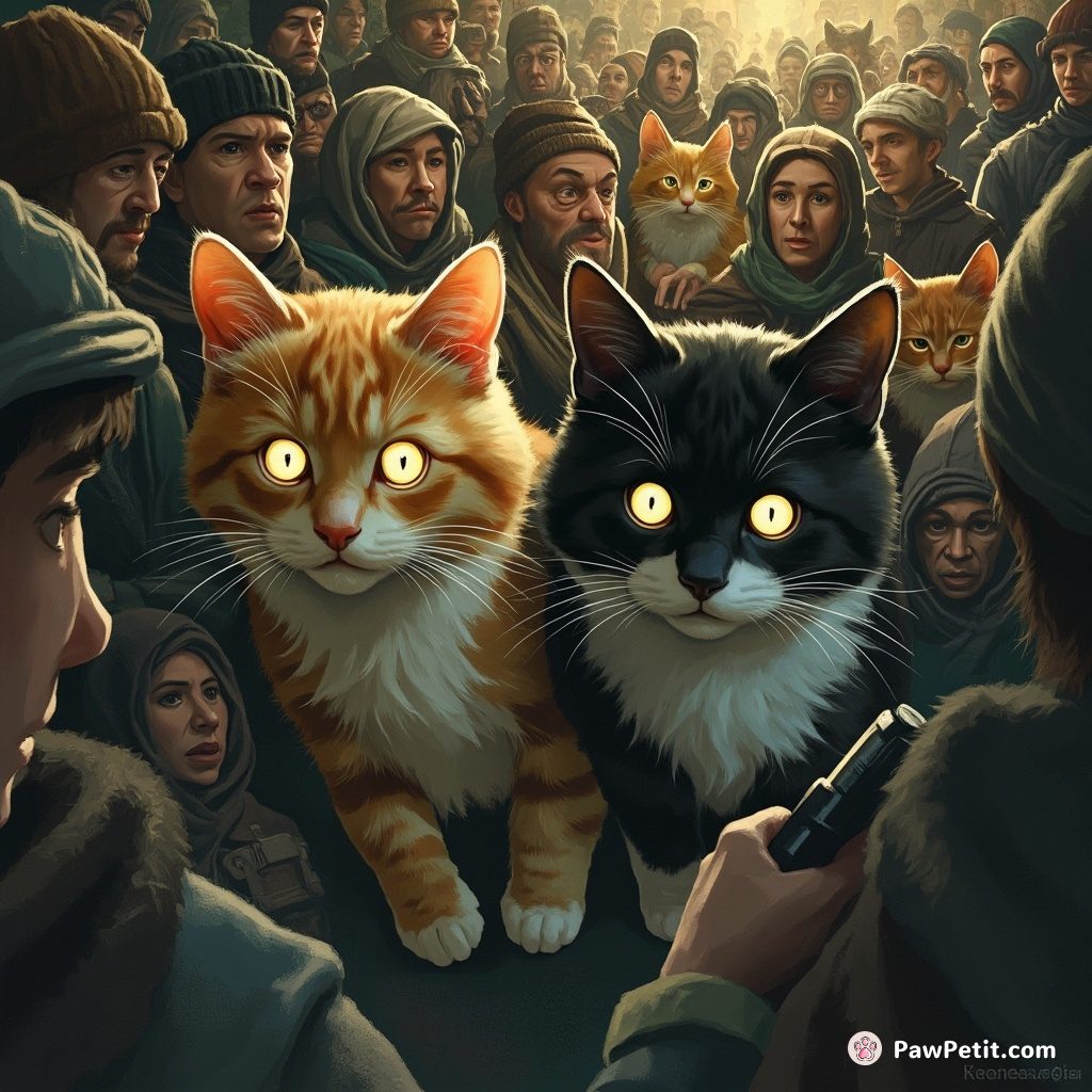 Cats stealthily weave through human crowds, eyes gleaming with secret camaraderie.