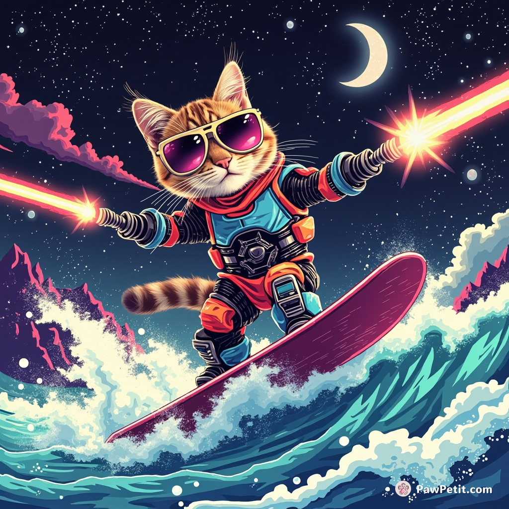 Cyborg cat surfing on a milky way wave, shooting laser beams while wearing huge sunglasses.