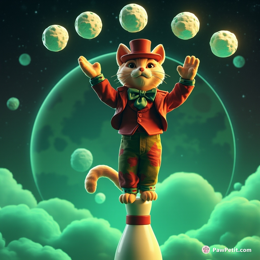 A dapper cat balancing on a bowling pin, juggling three miniature replicas of the moon in a neon-green diesel-punk cosmos.
