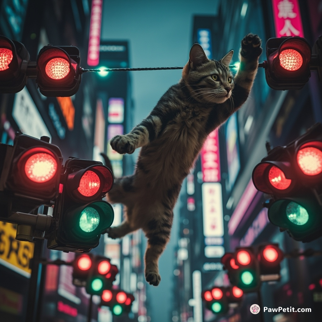 A cat leaps between neon-lit drones, deftly hacking a traffic signal to create a path through the bustling skyways.