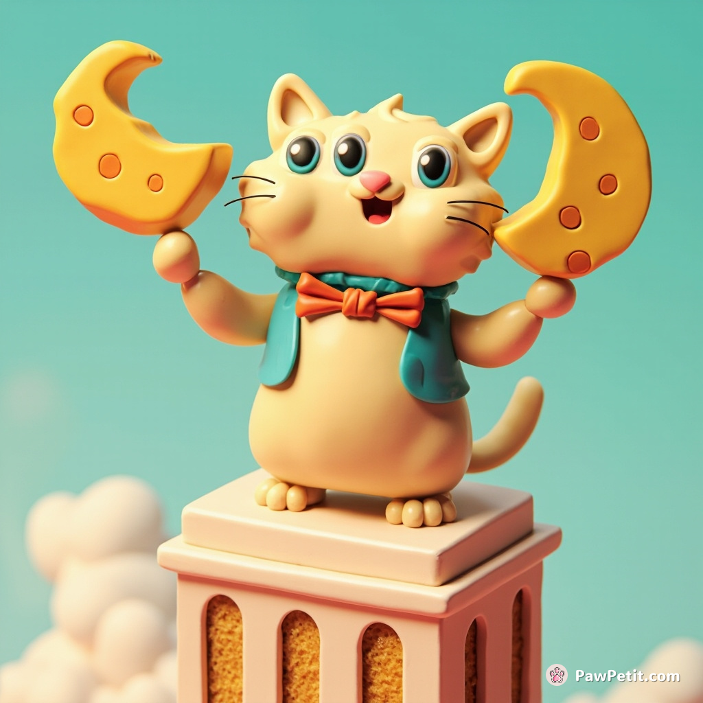 A three-headed cat juggling moon-shaped cheese wheels atop a sponge cake skyscraper.
