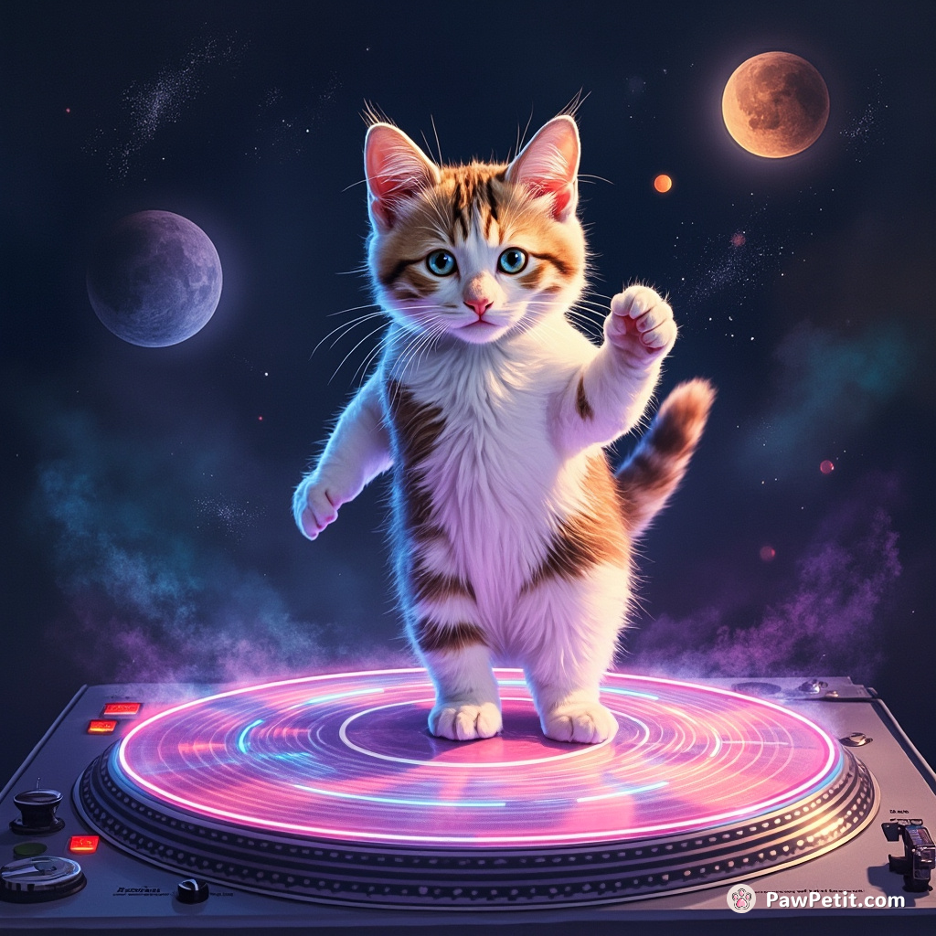 A neon calico cat disco-dancing on a holographic turntable in deep-space.