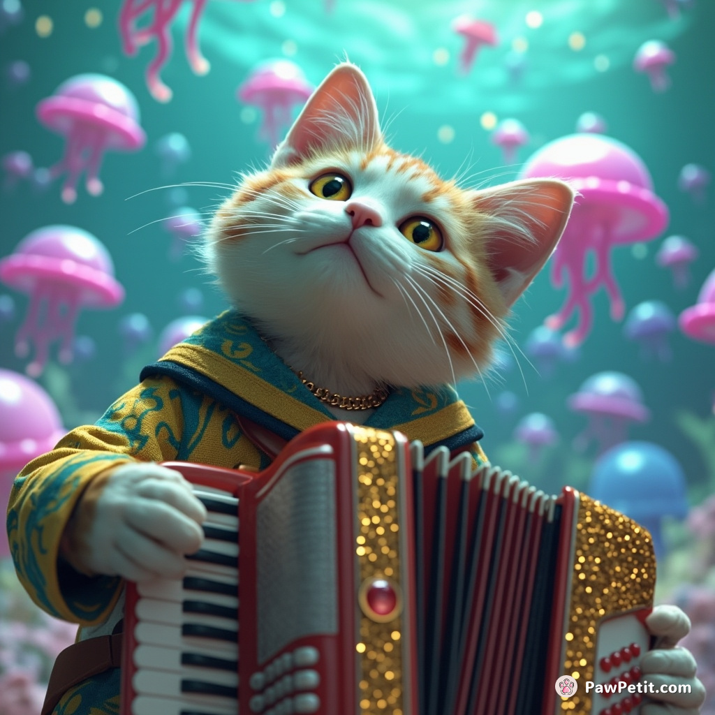 Cat playing a gold-encrusted accordion in an underwater bubble city swarming with jellyfish-shaped drones.