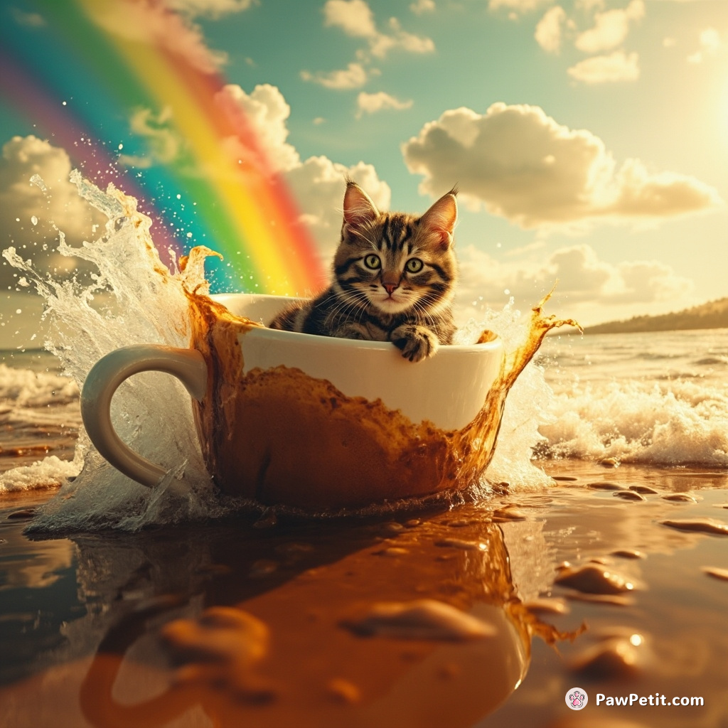 Cat surfing on a rainbow wave sprouting from an enormous cup of spilled coffee.
