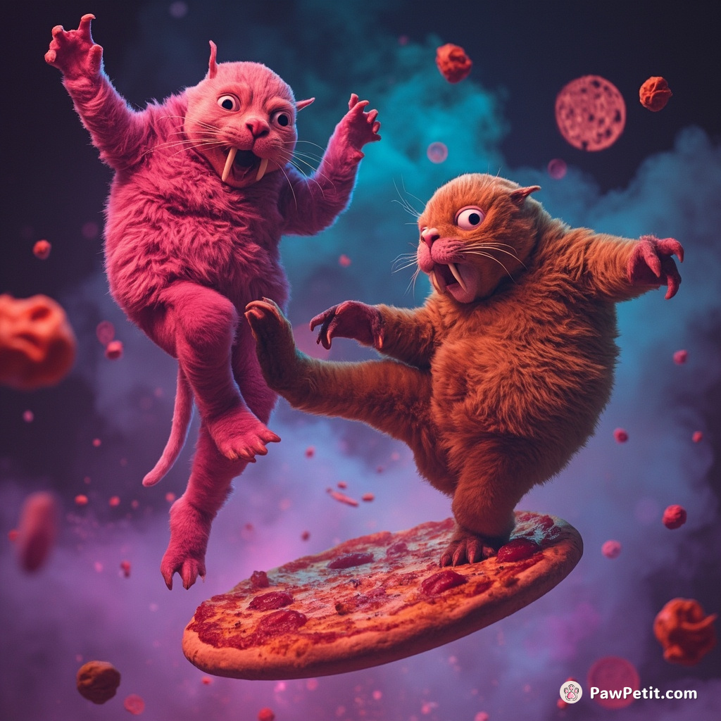 Neon-hued walrus-cat hybrids competing in an interdimensional break-dancing competition, on top of a levitating pizza slice.