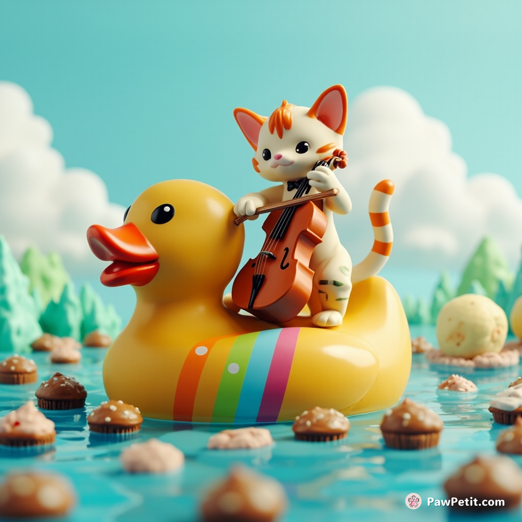 A bipedal cat playing the cello on top of a rainbow-hued rubber duck in a sea teeming with muffins.