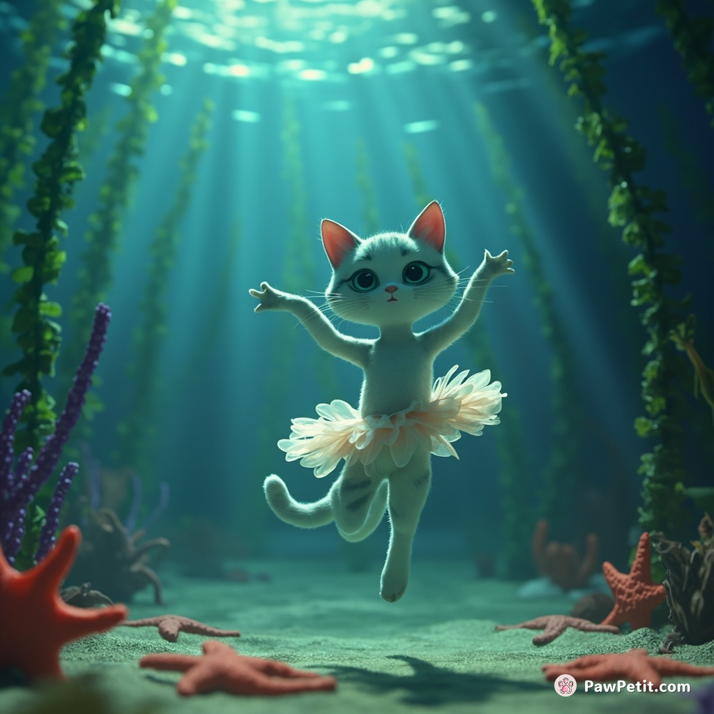 Cat participating in an underwater ballet performance, surrounded by kelp-seaweed curtains and starfish audience.