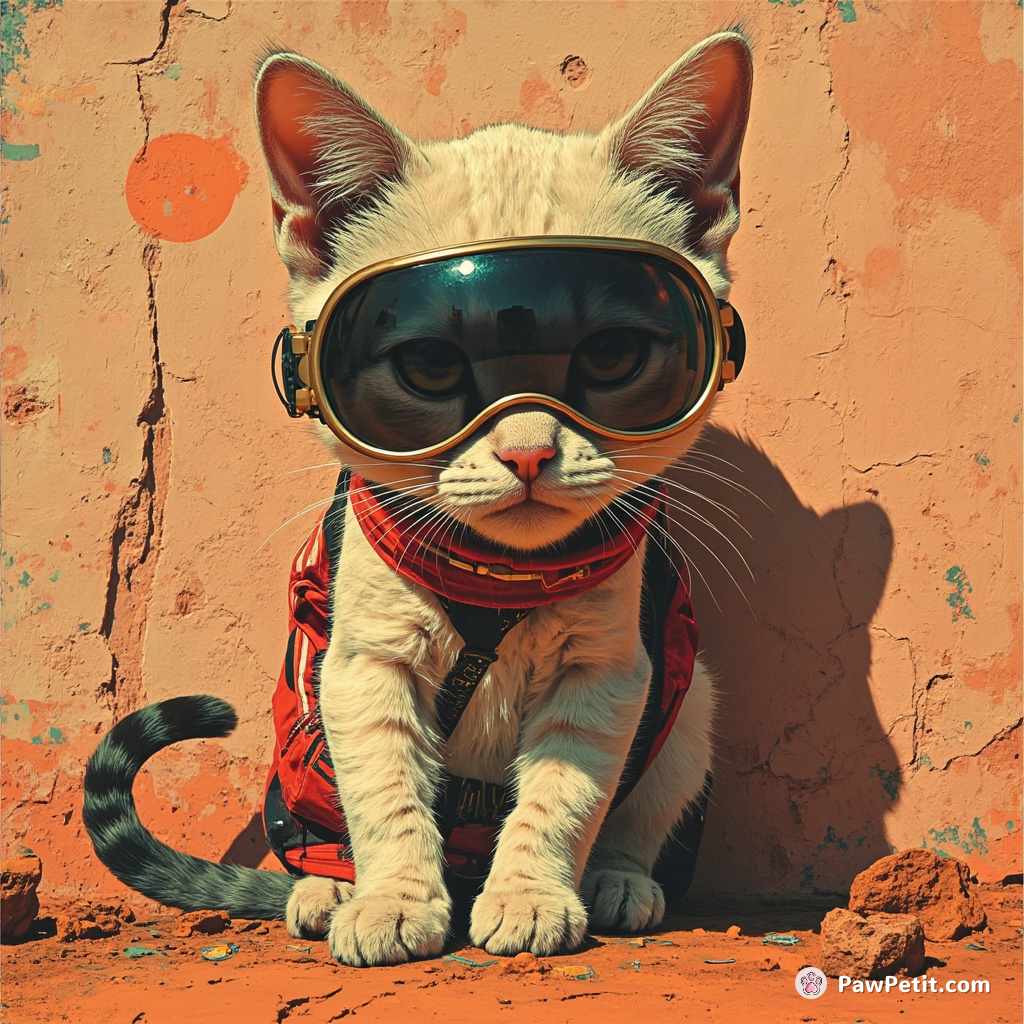 Cyberpunk cat doing graffiti on a Mars colony wall.
