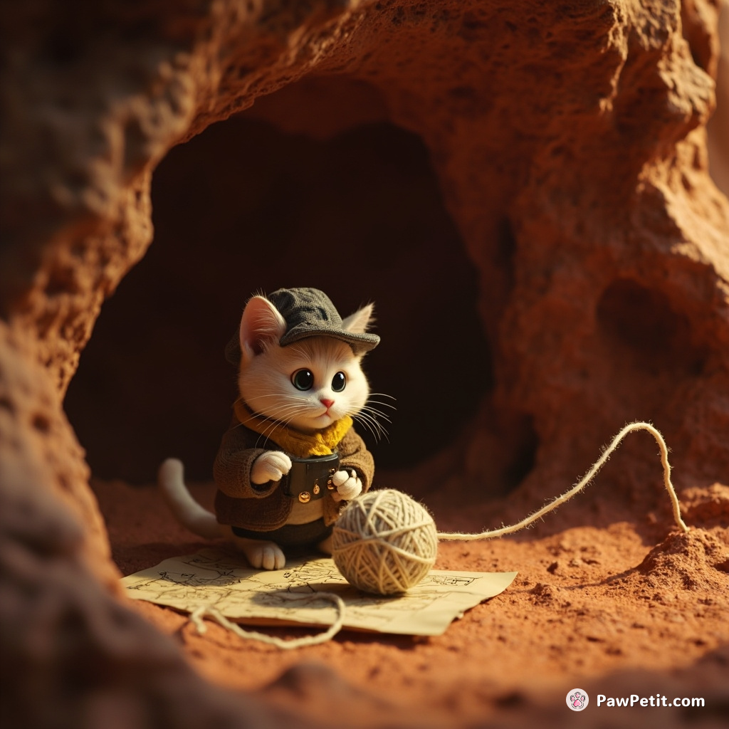 Cat pretending to be a detective Sherlock Holmes, deciphering a ball of yarn map inside a Martian cave.