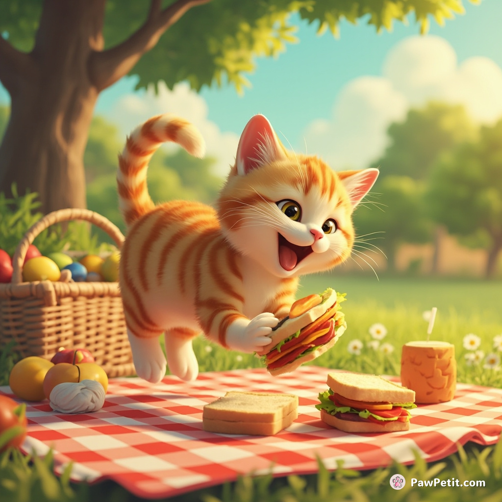 A cat leaps onto a picnic blanket, mimicking humans as it paws at a sandwich with curious precision.