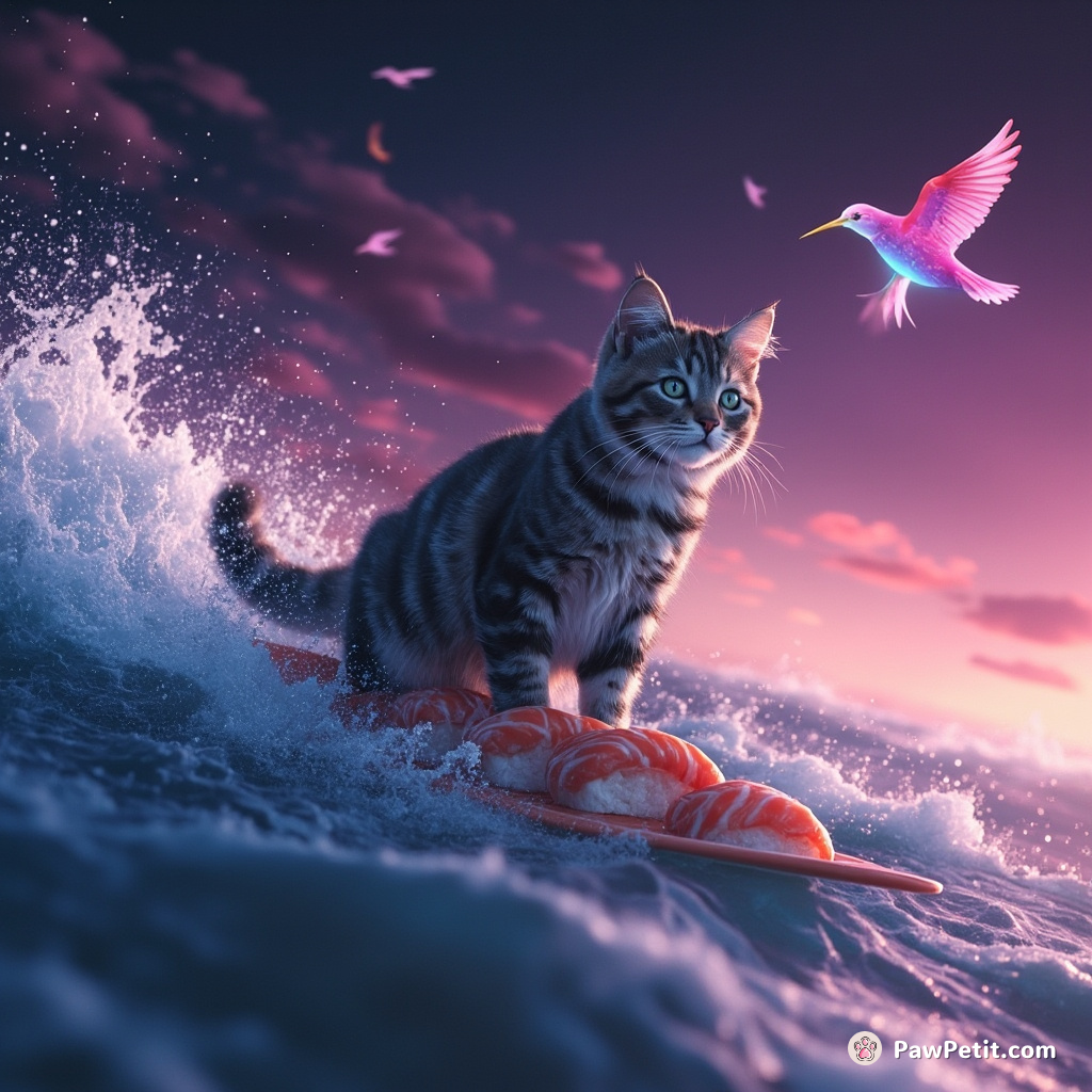 Cat riding a piece of sushi like a surfboard in a galactic ocean, birds of neon composing melodies in the background.