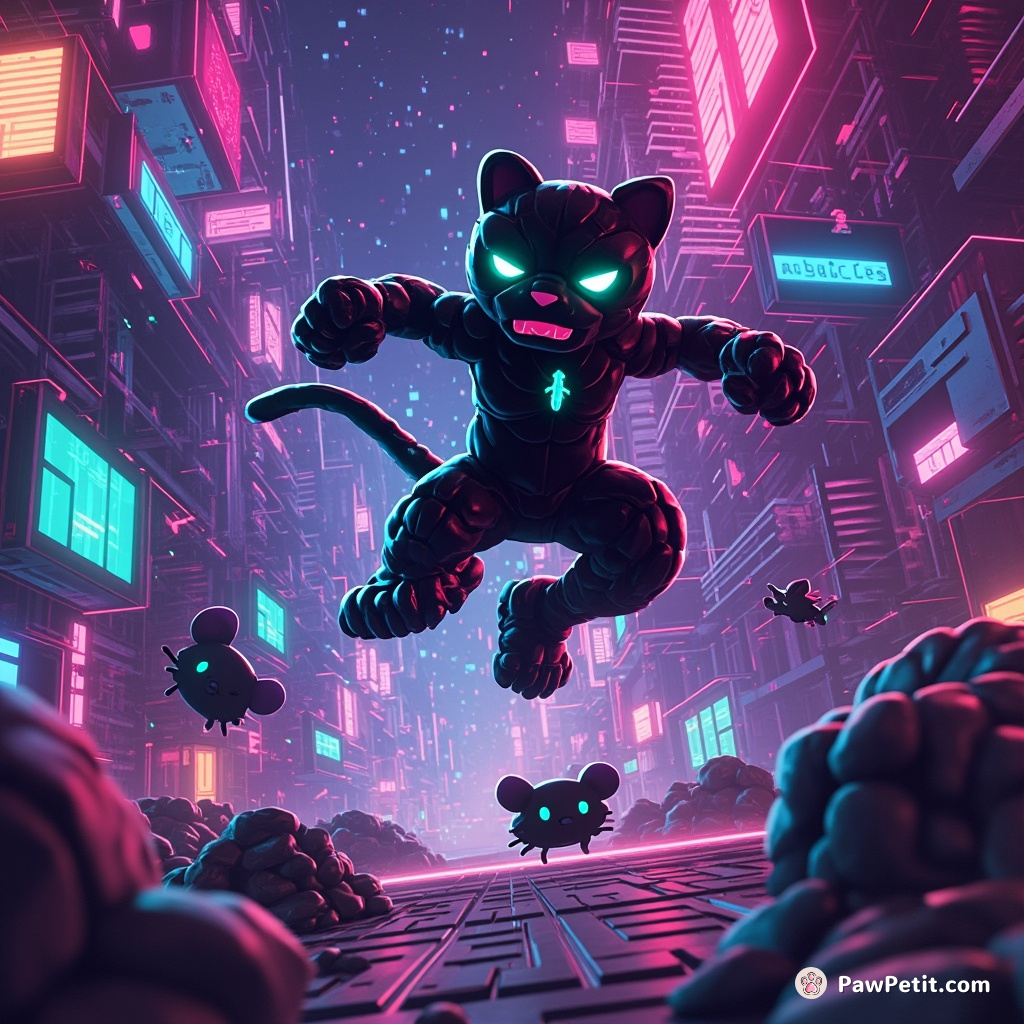 In a neon-lit cyberworld, a pixelated panther executes epic backflips, evading glitchy hazards while hunting data-mice.
