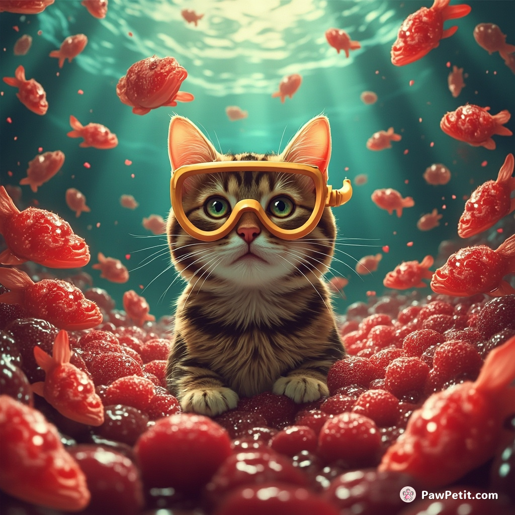 A cat snorkeling in a sea of cherry cola and gummy fish.