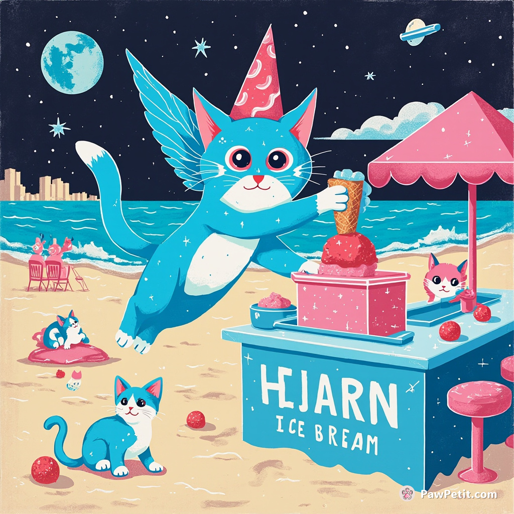 A neon-blue flying cat serving galaxy flavoured ice cream to alien kittens on a retro-futuristic Miami beach.