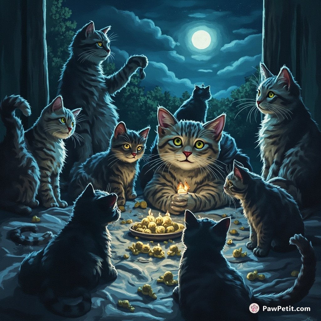 Cat meetings held at midnight, cats secretly manipulating humans to gather resources for the forthcoming feline revolution.