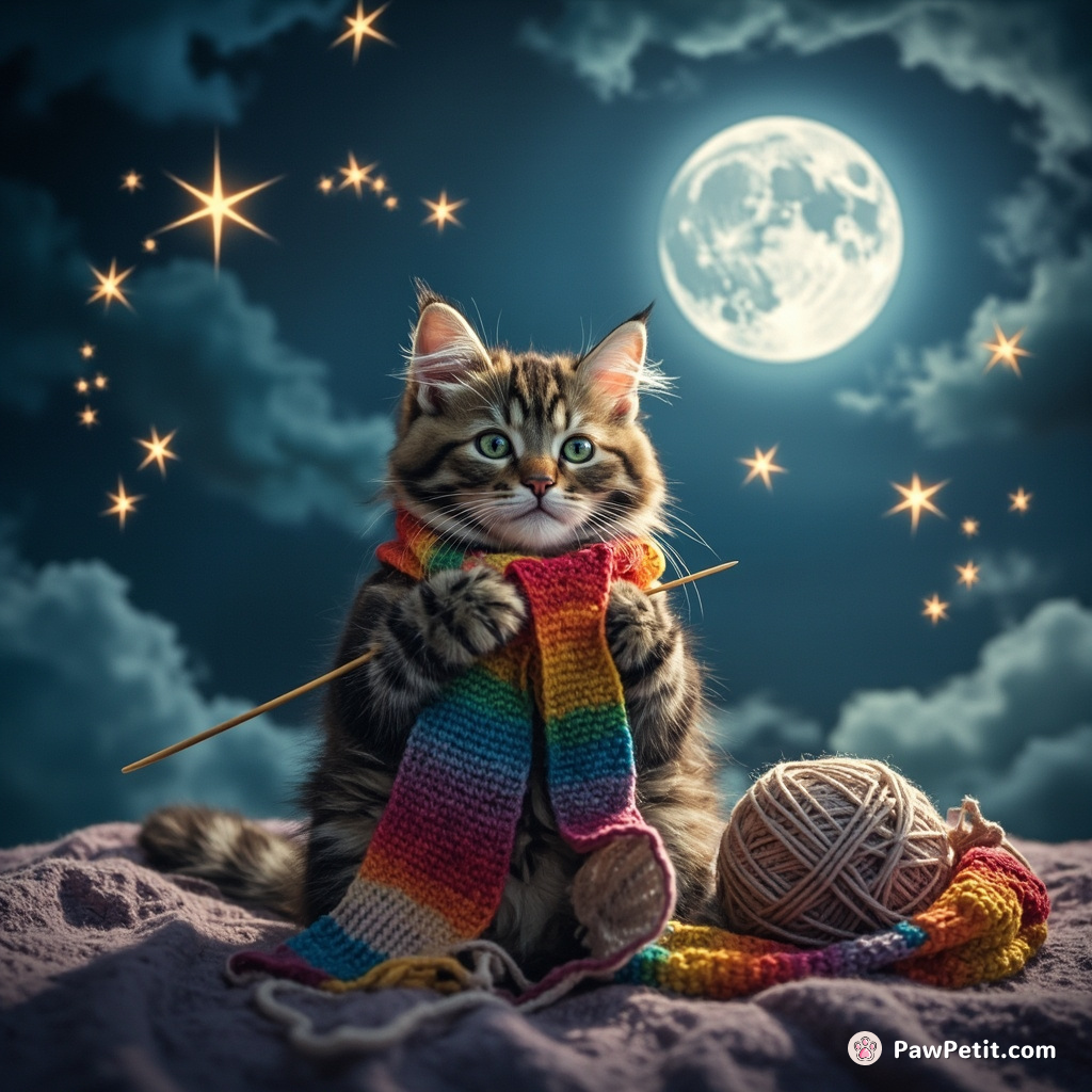 Cat leisurely knitting a rainbow scarf on the moon using shooting stars as knitting needles.