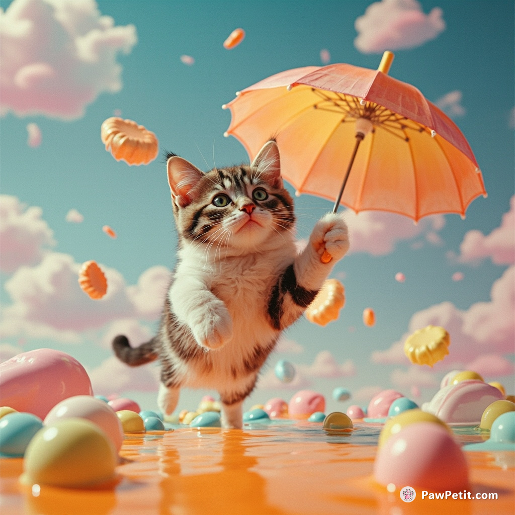 A cat skydiving into a pool of iridescent toothpaste, clutching an umbrella wrought from marmalade.