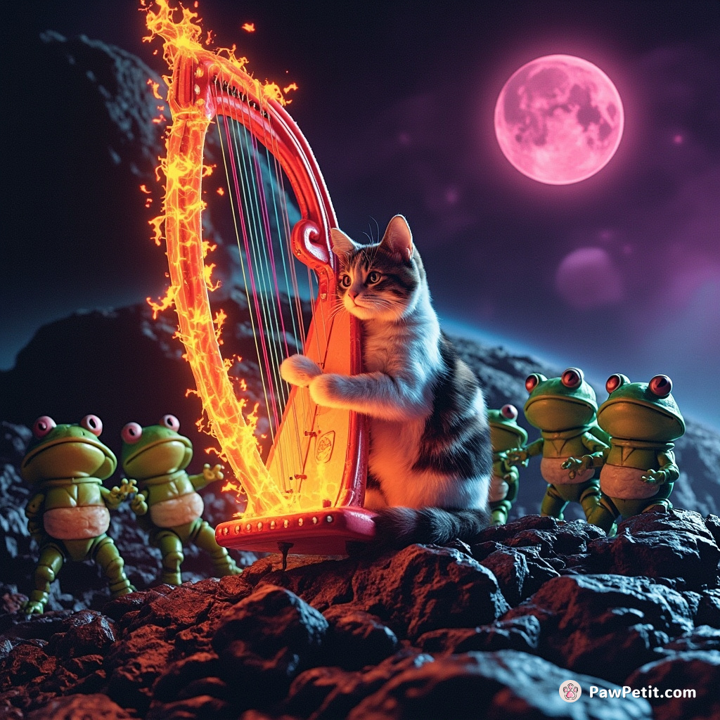 A calico cat playing a flaming harp on an asteroid Hurtling in space, surrounded by a chorus of humanoid frogs.