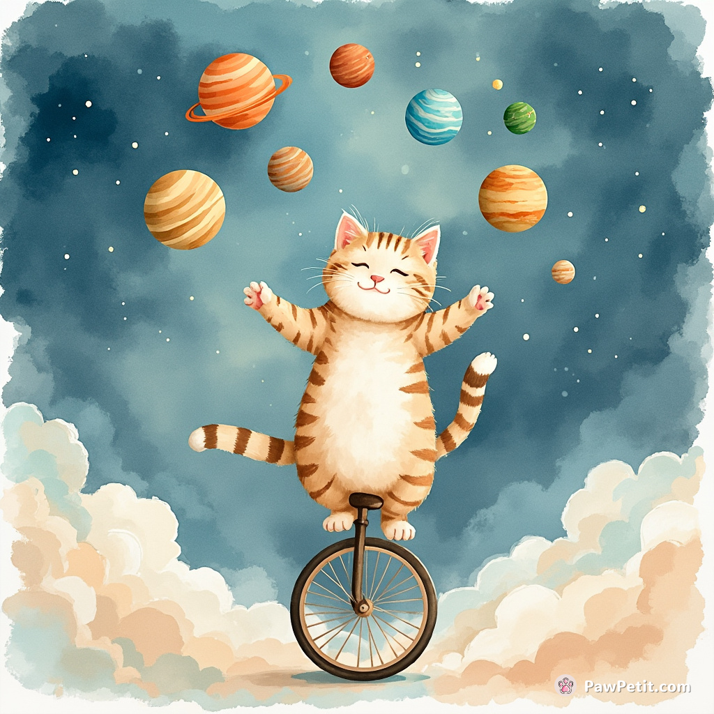 Cat juggling planets while balancing on a cosmic unicycle.